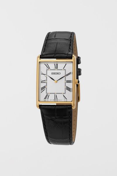 Seiko Quartz Square Face Black Leather Watch SWR052