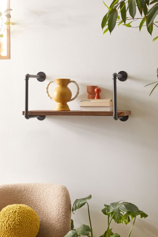 Slide View: 1: Black Industrial Pipe Bracket Wall Shelf