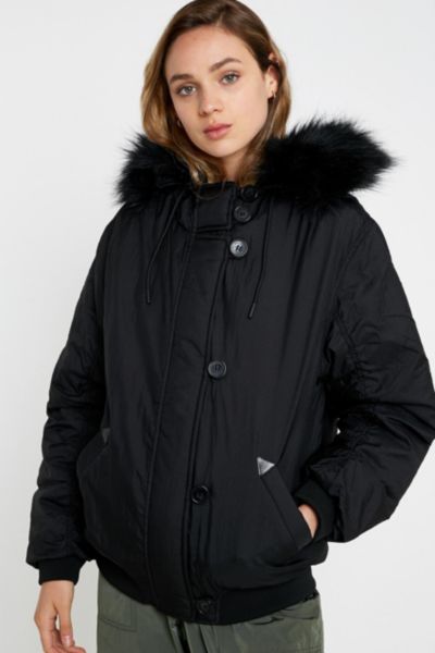 uo faux fur hooded bomber jacket