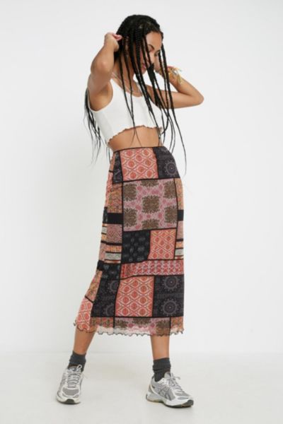 UO Patchwork Print Mesh Midi Skirt | Urban Outfitters