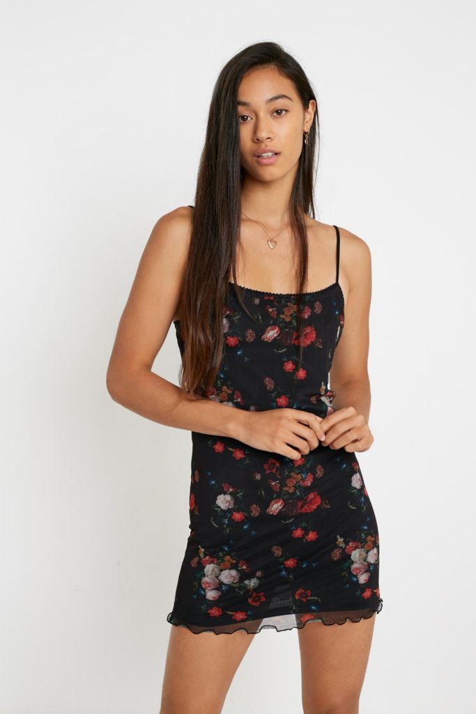 UO Cynthia Dark Floral Mesh Mini Dress | Urban Outfitters