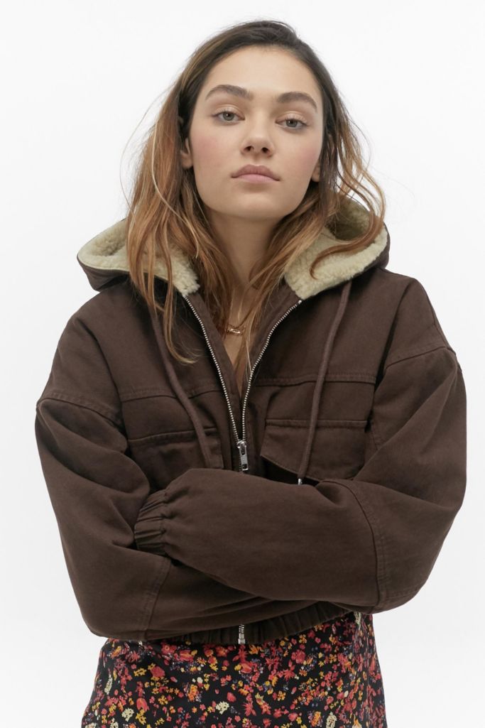 BDG Sherpa Lined Cropped Hooded Jacket Urban Outfitters