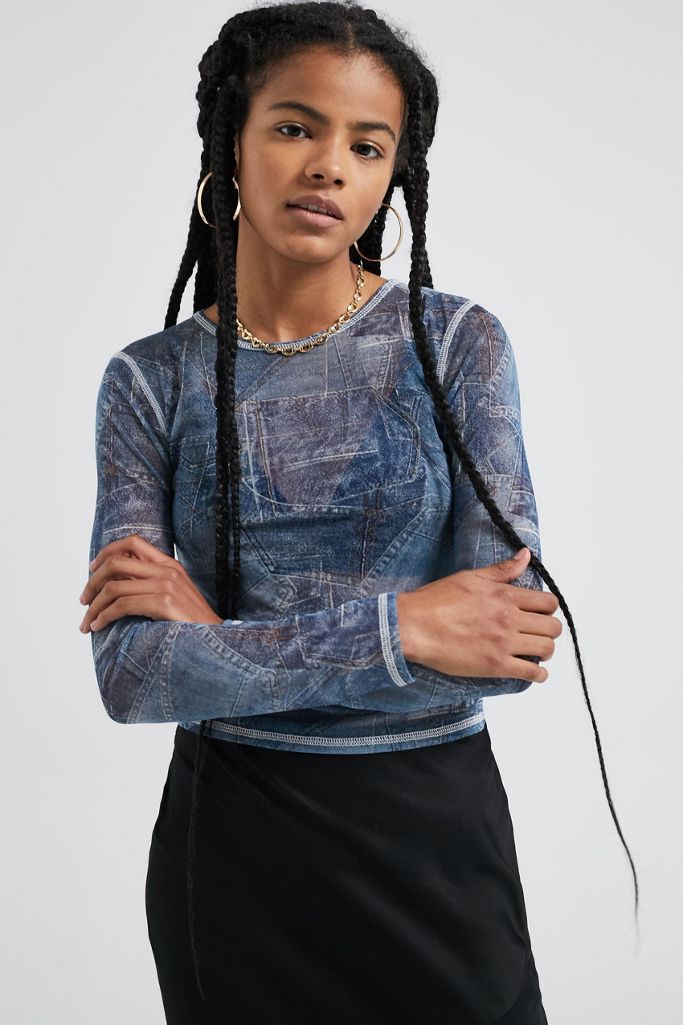 UO Denim Print Mesh Top Urban Outfitters
