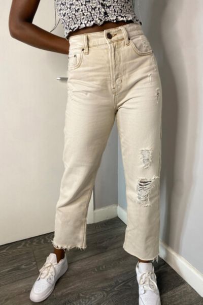 beige straight leg jeans