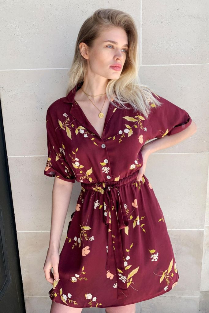 UO Matilda Burgundy Floral Shirt Dress | Urban Outfitters