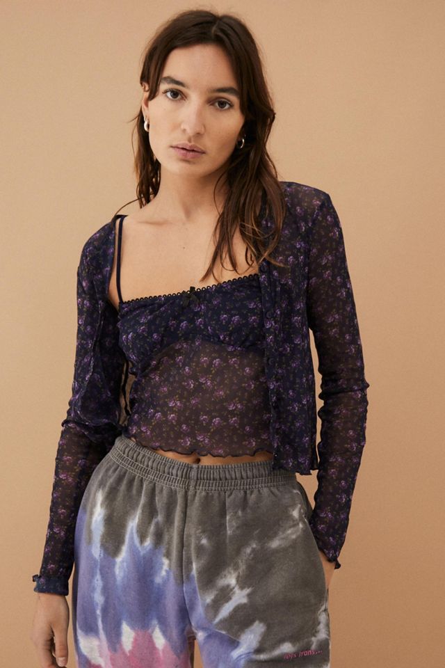 UO Ditsy Floral Mesh Cardigan + Cami Twin Set Urban Outfitters