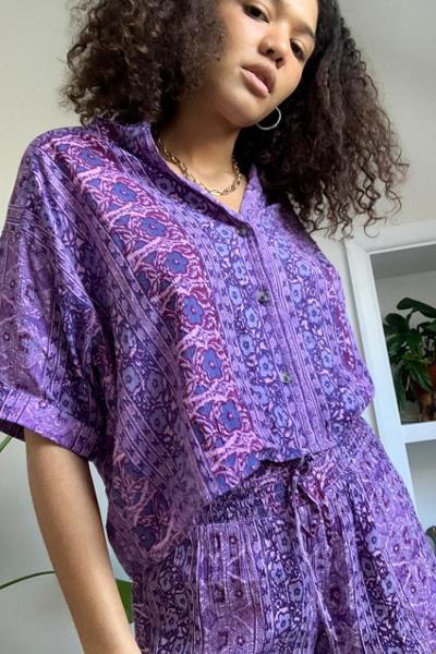 UO Gracie Purple Crinkle Button Front Shirt Urban Outfitters