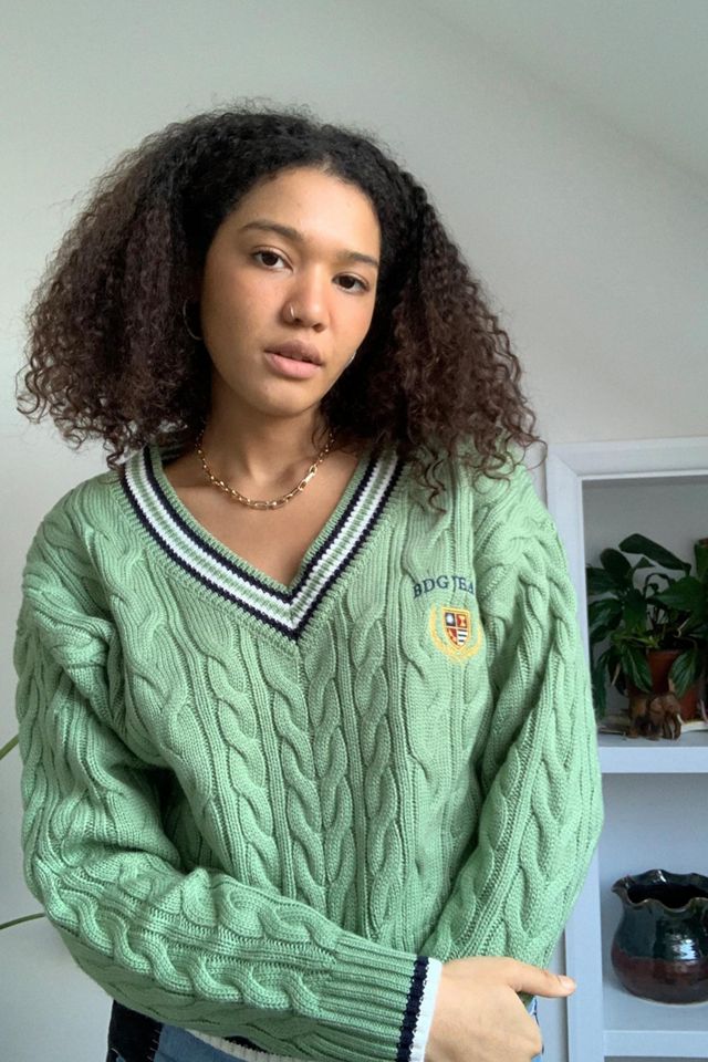 BDG VNeck Cable Knit Varsity Jumper Urban Outfitters