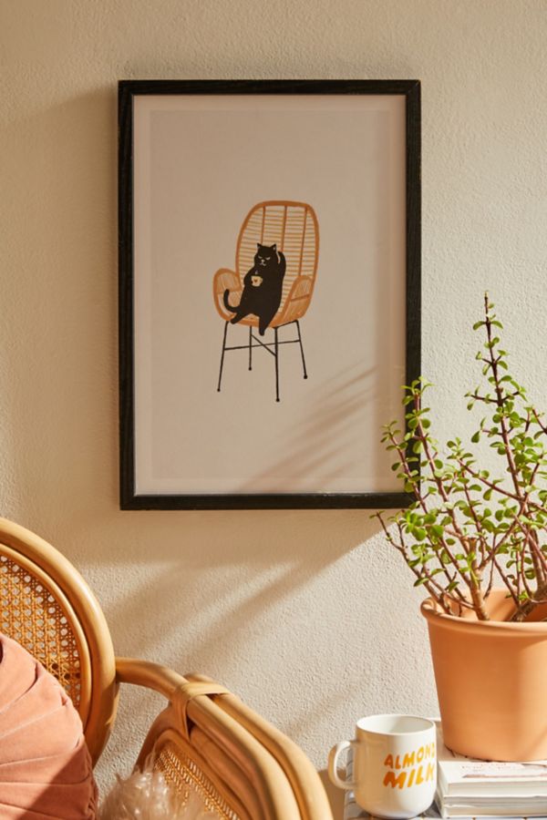 Slide View: 1: Jimmy Tan Lazy Cat 2 Enjoying Coffee On Rattan Chair Art Print