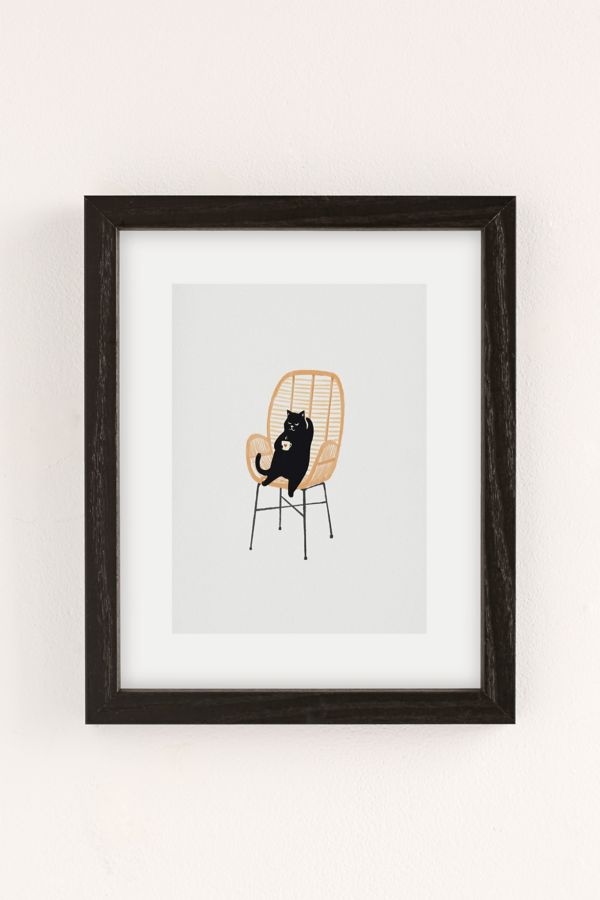 Slide View: 2: Jimmy Tan Lazy Cat 2 Enjoying Coffee On Rattan Chair Art Print