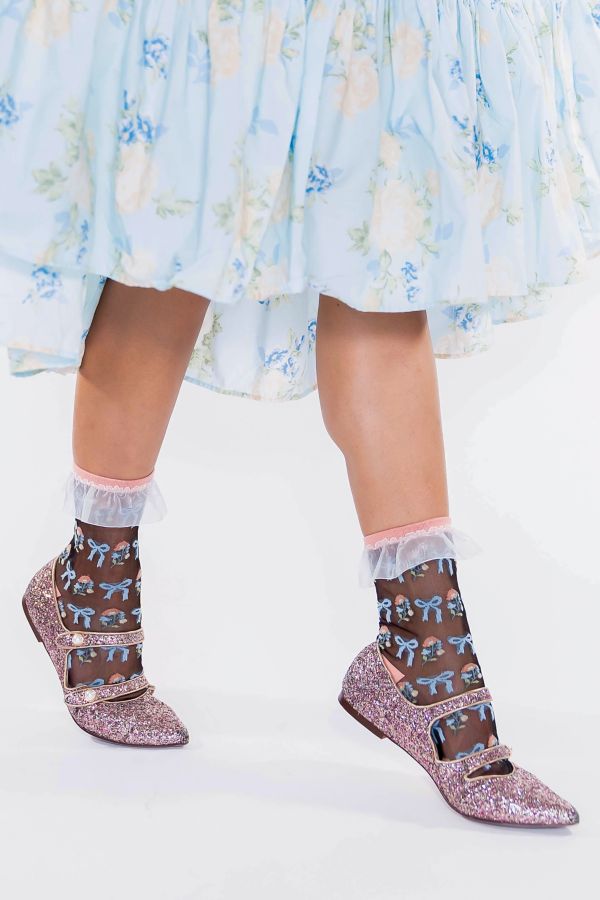 Slide View: 4: Sock Candy Floral Bow Ruffle Black Sheer Sock