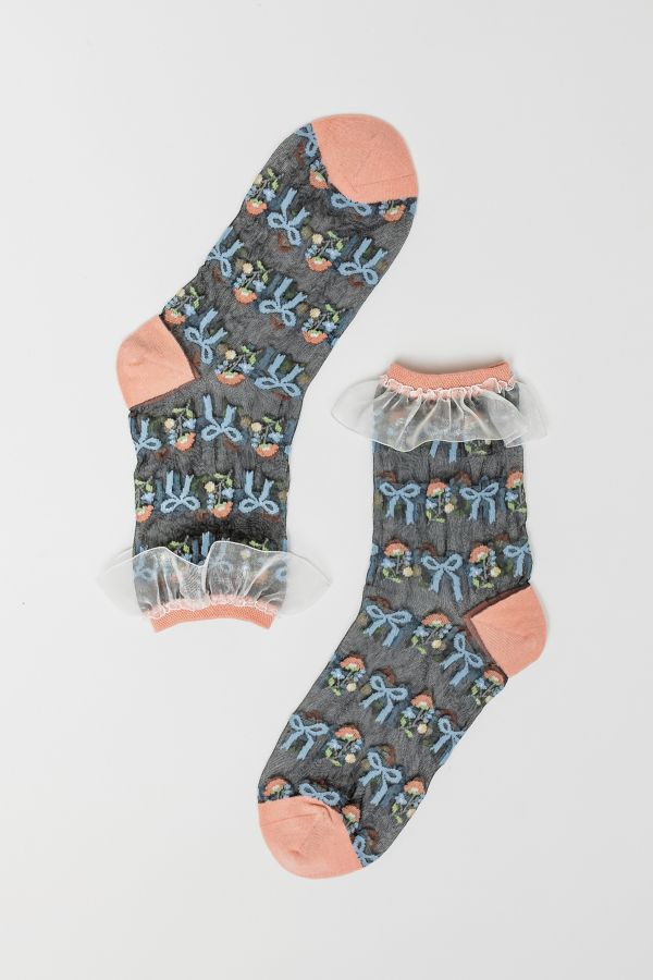 Slide View: 1: Sock Candy Floral Bow Ruffle Black Sheer Sock