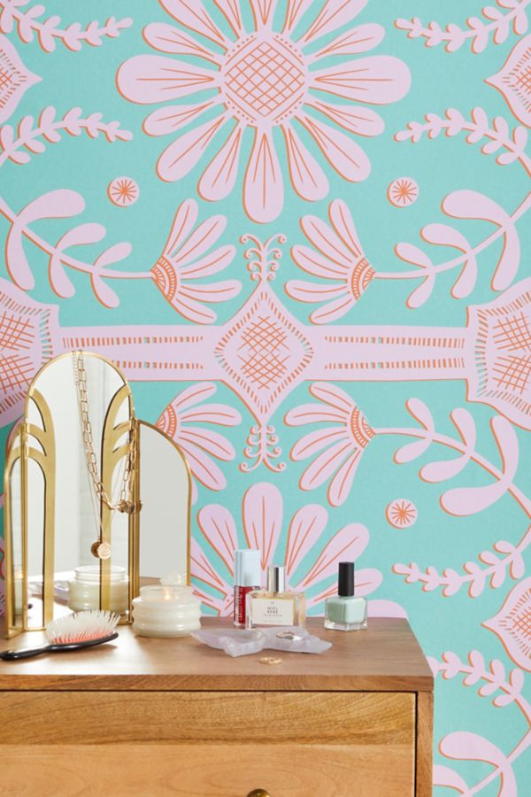 Slide View: 1: Sewzinski Boho Florals Pink Green Removable Wallpaper