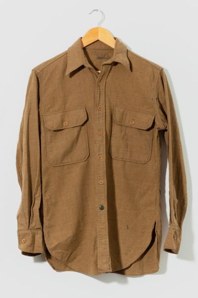 Vintage Distressed 1950s Wool Button Up Work Shirt Brown Green