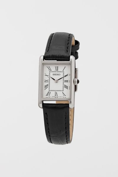 Seiko Quartz White Dial Black Leather Watch SWR053