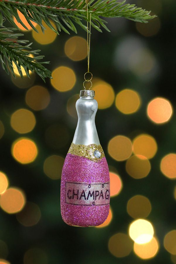 Slide View: 2: Glittered Champagne Bottle Glass Ornament