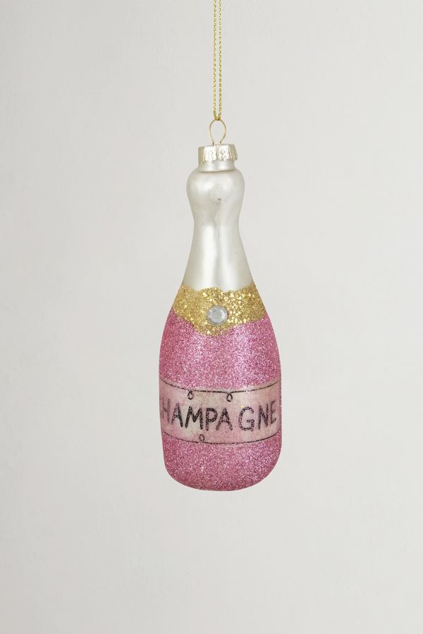 Slide View: 1: Glittered Champagne Bottle Glass Ornament