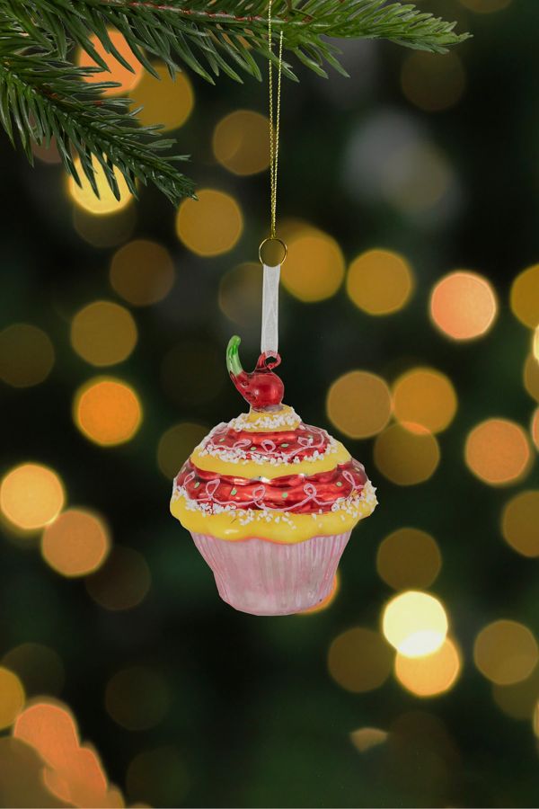 Slide View: 2: Cupcake with Cherry Glass Ornament