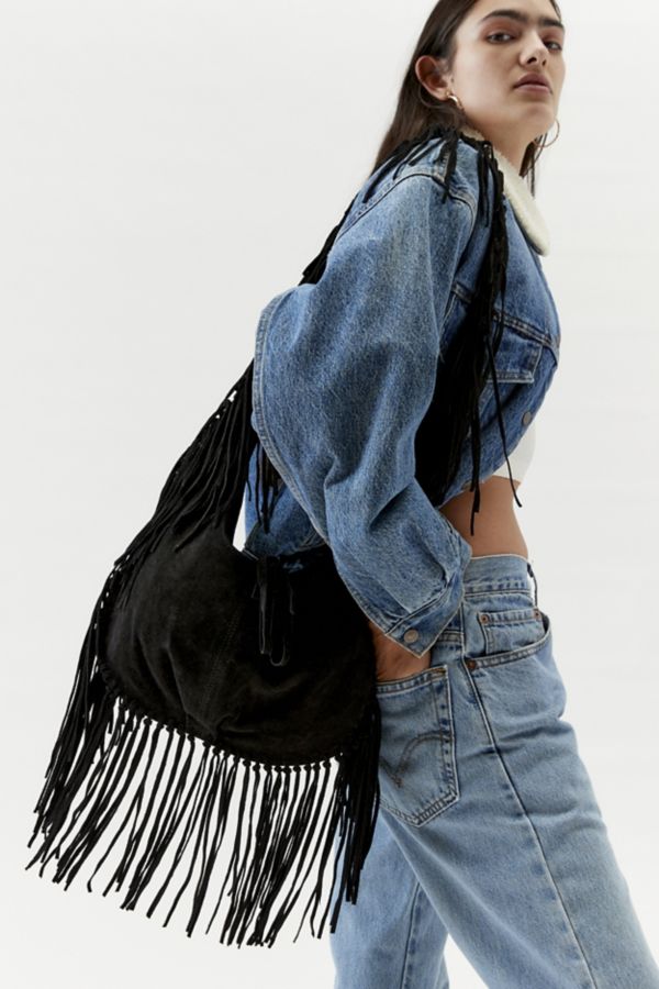 Slide View: 1: Silence + Noise Suede Fringe Hobo Sling Bag