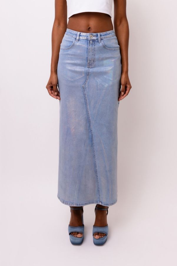 Slide View: 6: Amy Lynn Mimi Metallic Denim Maxi Skirt