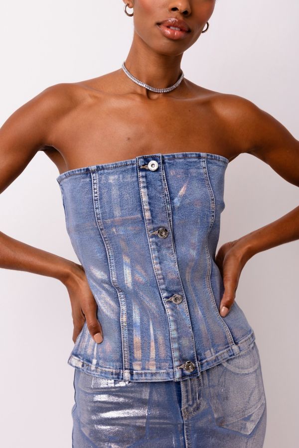 Slide View: 2: Amy Lynn Mimi Metallic Denim Corset Top