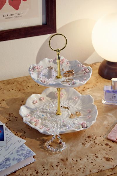 Support à Bijoux en Porcelaine à 2 Niveaux en Forme de Rose