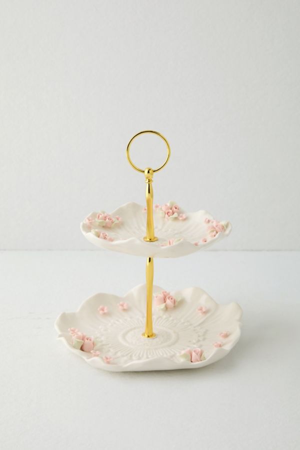 Slide View: 3: 2-Tier Porcelain Rose Jewelry Stand