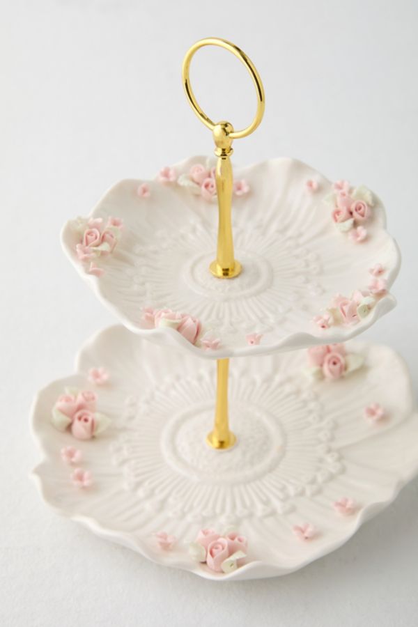 Slide View: 4: 2-Tier Porcelain Rose Jewelry Stand