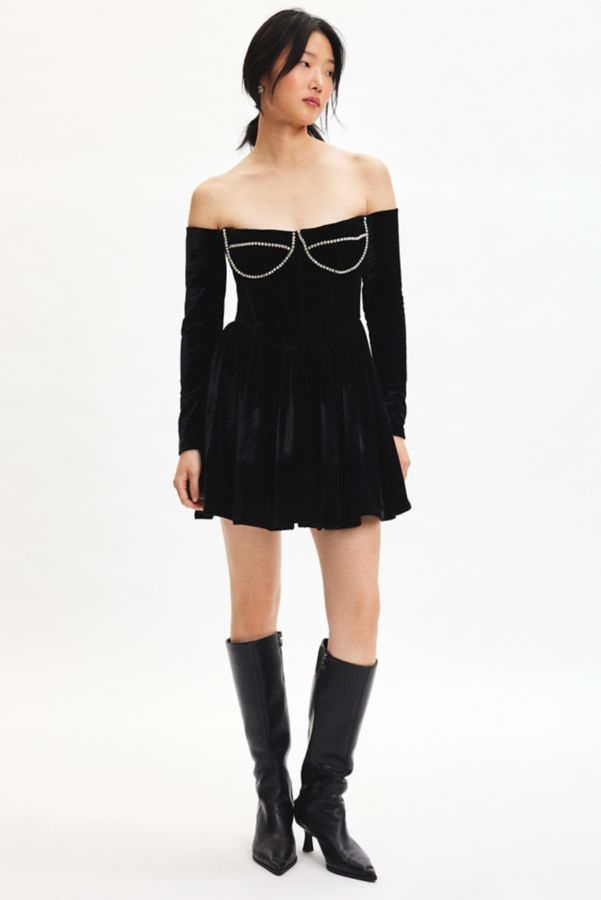 Slide View: 1: Bardot Emlyn Off-The-Shoulder Velour Corset Mini Dress