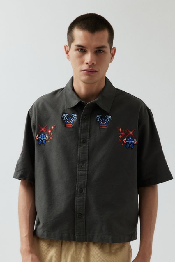 Slide View: 1: UO Embroidered Cropped Short Sleeve Button-Down Shirt