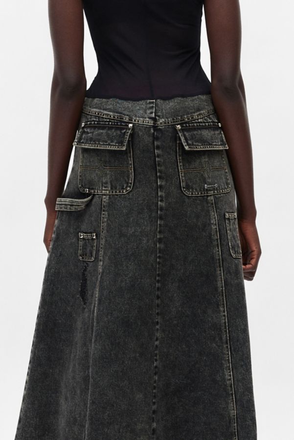 Slide View: 4: Private Policy Mesh Cutout Drawstring Denim Maxi Dress