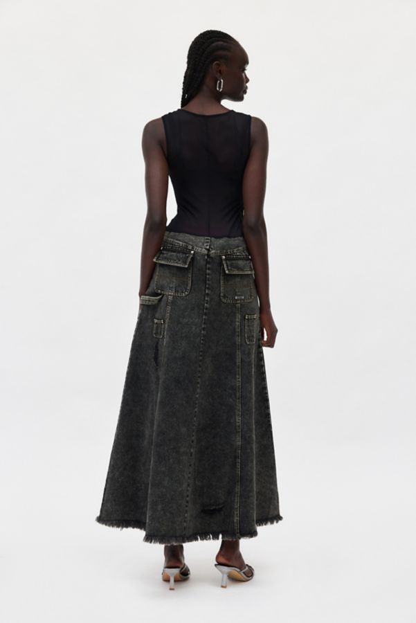 Slide View: 5: Private Policy Mesh Cutout Drawstring Denim Maxi Dress