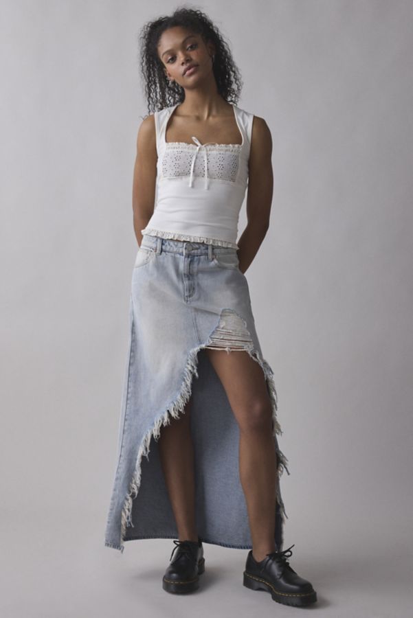 Slide View: 1: Abrand 95 Cater Destructed High-Low Denim Maxi Skirt