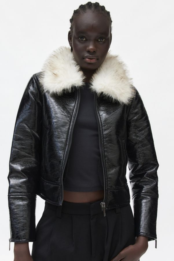 Slide View: 1: Unreal Fur Wet Look Aviator Jacket