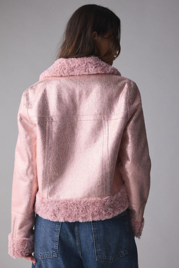 Slide View: 3: Unreal Fur Métallique Faux Fur Trim Aviator Jacket