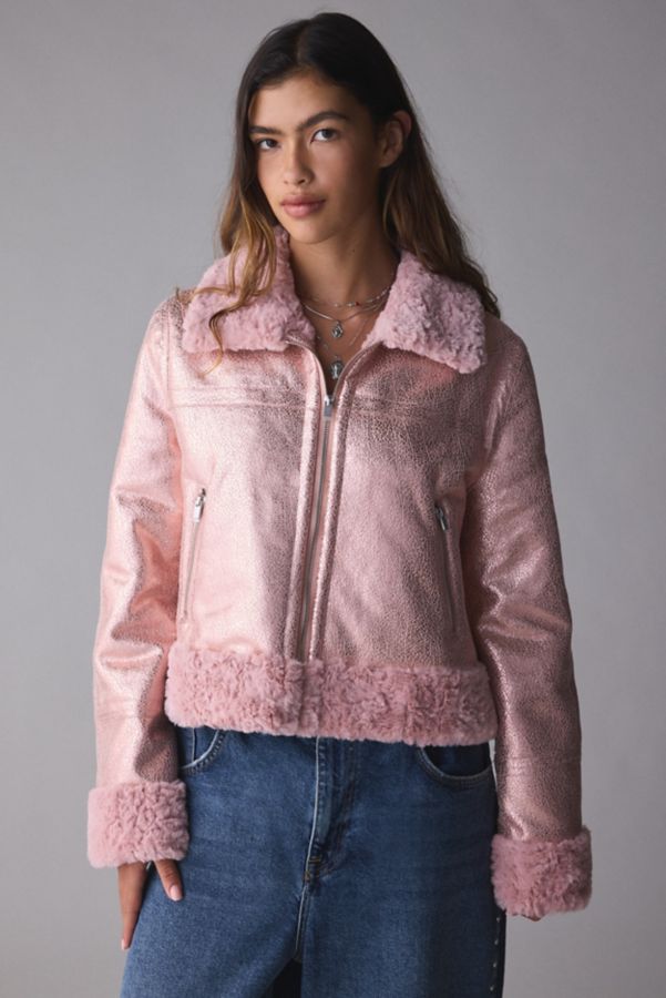 Slide View: 1: Unreal Fur Métallique Faux Fur Trim Aviator Jacket