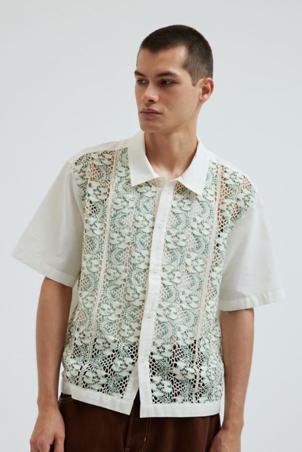 Slide View: 1: BDG Crochet Lace Short Sleeve Button-Down Shirt