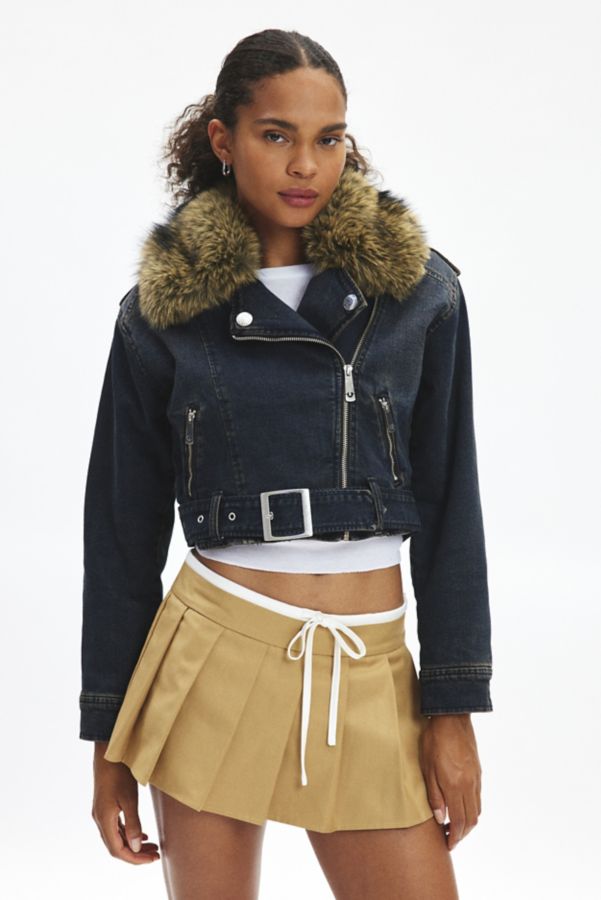 Slide View: 1: True Religion Faux Fur Trim Denim Moto Jacket