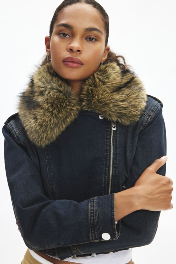 Slide View: 2: True Religion Faux Fur Trim Denim Moto Jacket