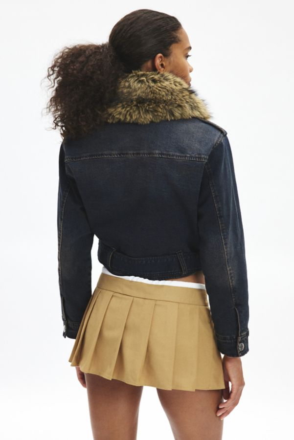 Slide View: 4: True Religion Faux Fur Trim Denim Moto Jacket