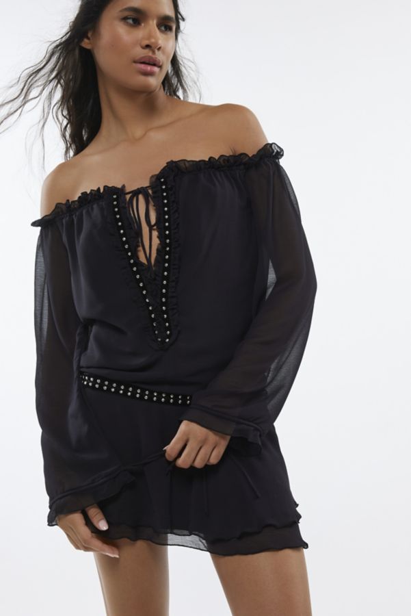 Slide View: 1: Silence + Noise Roxanne Off-The-Shoulder Drop Waist Mini Dress