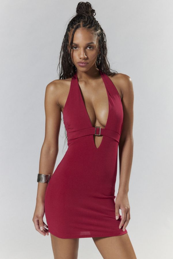 Slide View: 1: Silence + Noise Viola Belted Plunge Halter Mini Dress