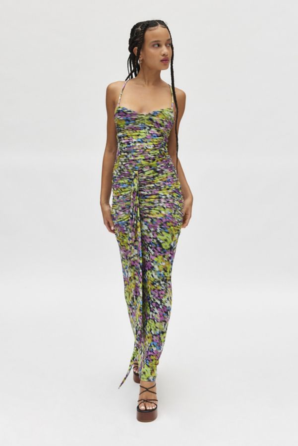 Slide View: 2: AFRM Azula Printed Mesh Ruched Front Maxi Dress