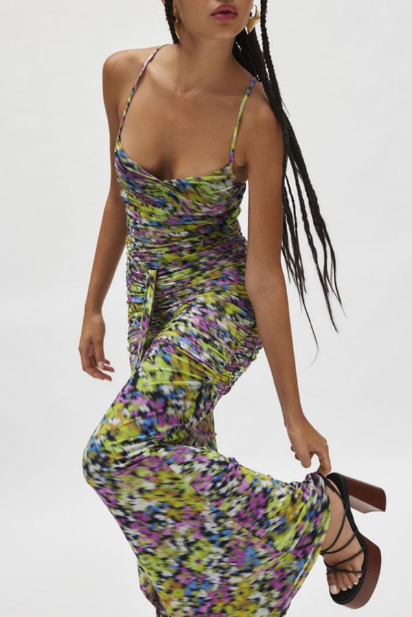 Slide View: 3: AFRM Azula Printed Mesh Ruched Front Maxi Dress