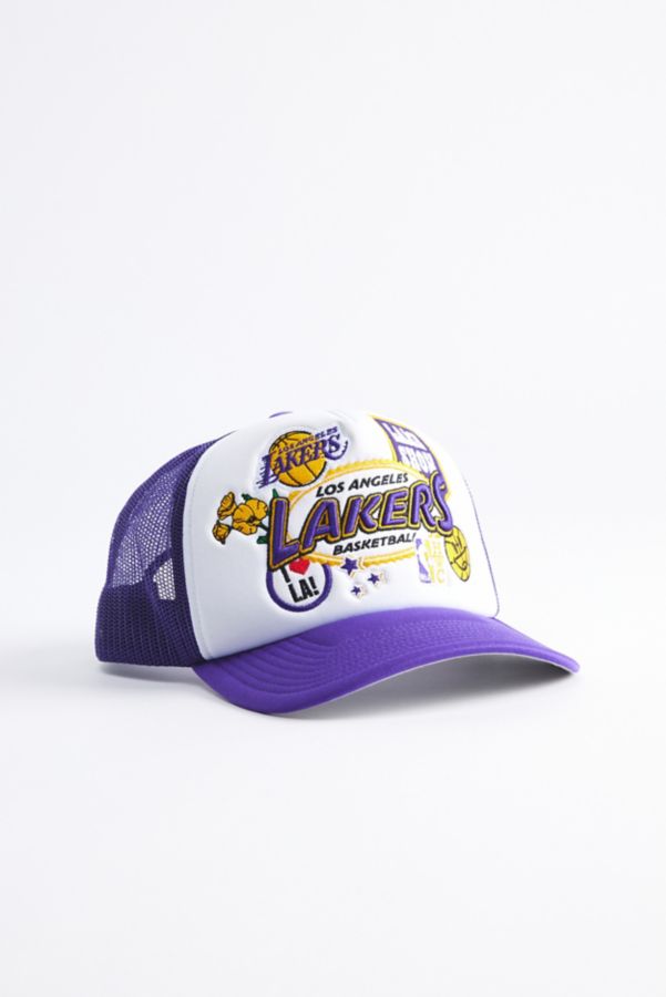 Slide View: 1: Mitchell & Ness NBA Los Angeles Lakers Patch Trucker Hat