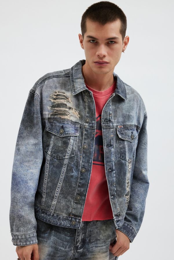 Slide View: 1: GUESS ORIGINALS Printed Mending Denim Jacket