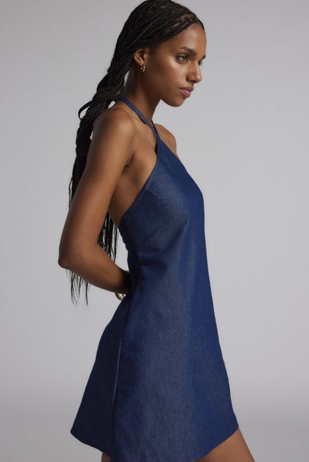 Slide View: 2: Motel Belinda Denim Y-Neck Halter Mini Dress