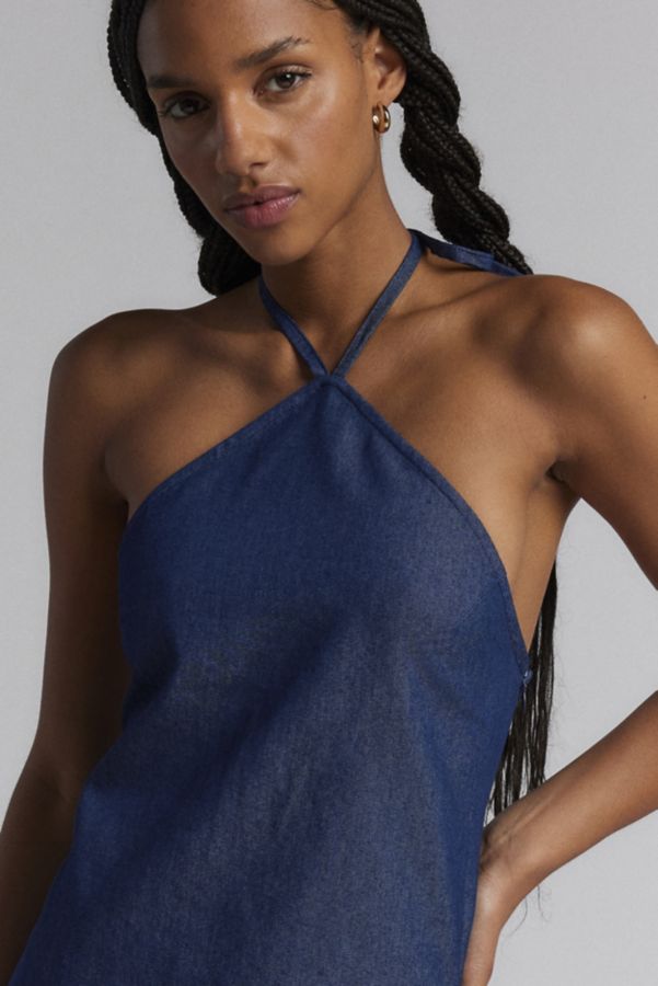 Slide View: 5: Motel Belinda Denim Y-Neck Halter Mini Dress