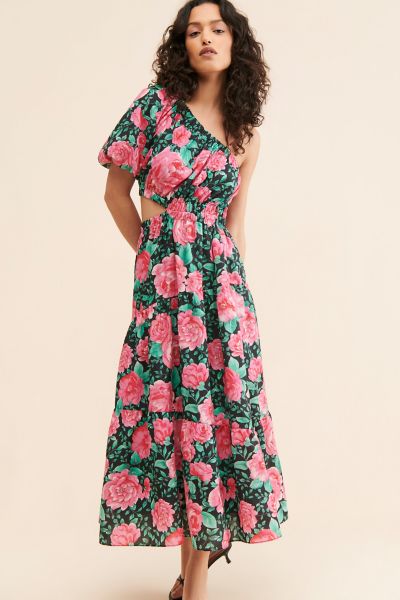 Moon River Floral Print One-Shoulder Dress