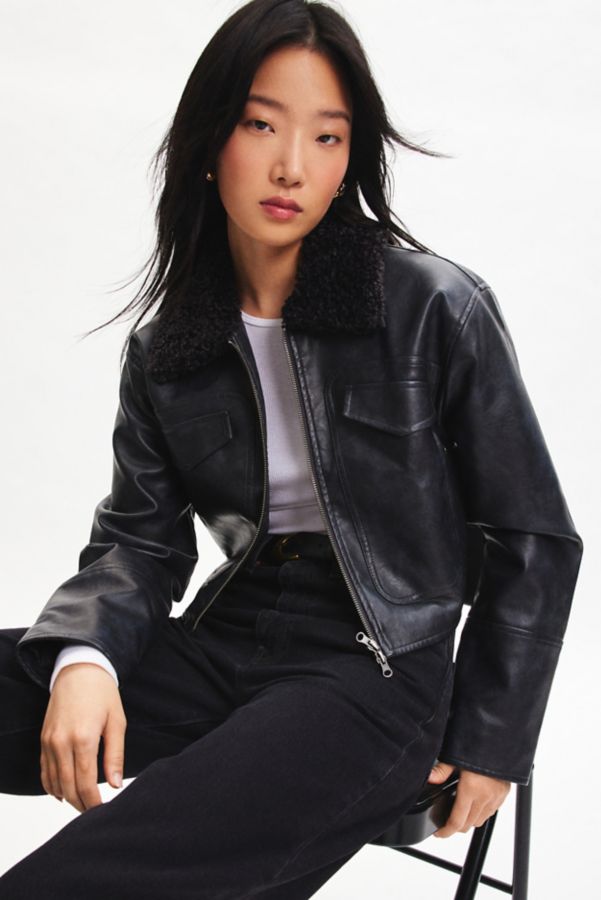 Slide View: 1: BDG Janine Faux Leather Cropped Aviator Jacket